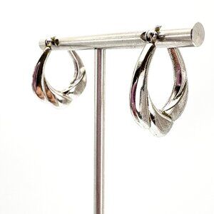 VTG Sterling Silver 925 Puffed Ridged Hoop Earrings Hinged Posts Size 1" Length